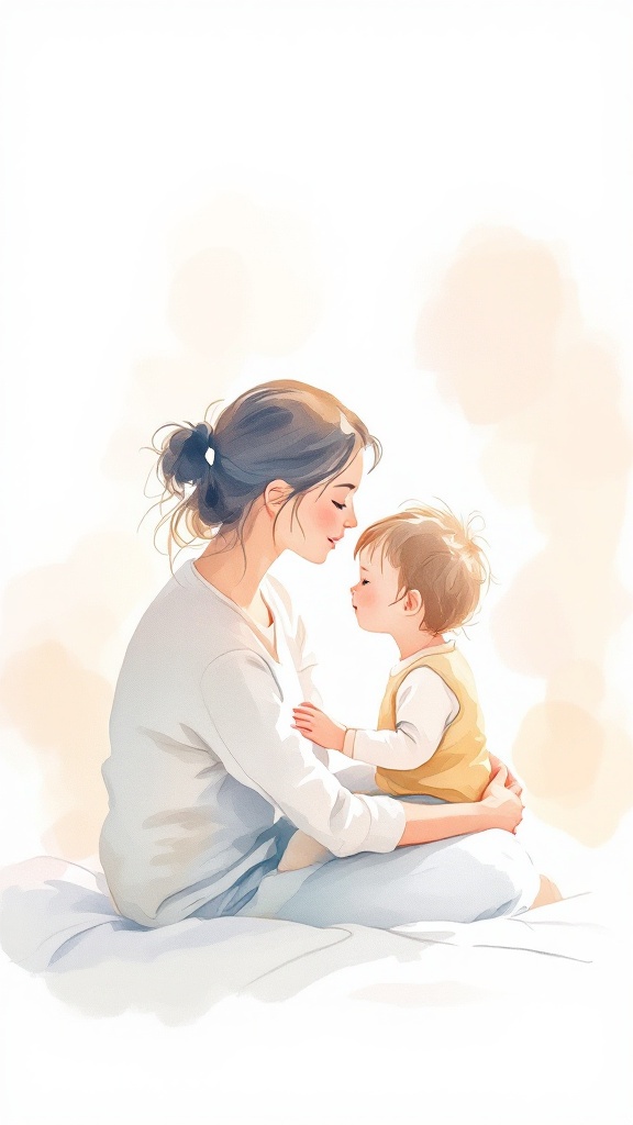 A parent and toddler sit close together on a soft bed, sharing eye contact and gentle connection. The image captures emotional safety, warmth, and co-regulation, the heart of gentle parenting.